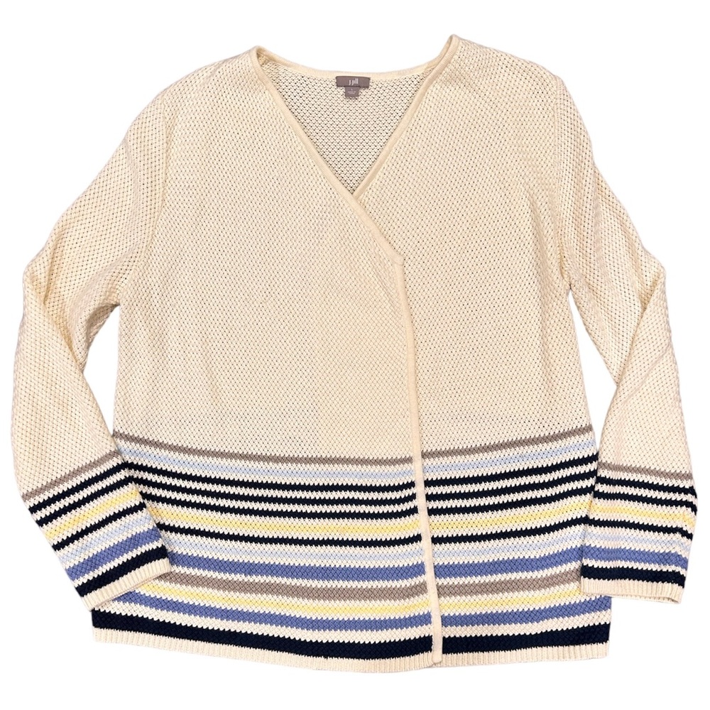 J. Jill Open front Cardigan Long Sleeve Cream Blue stripes Cottagecore Grandma L